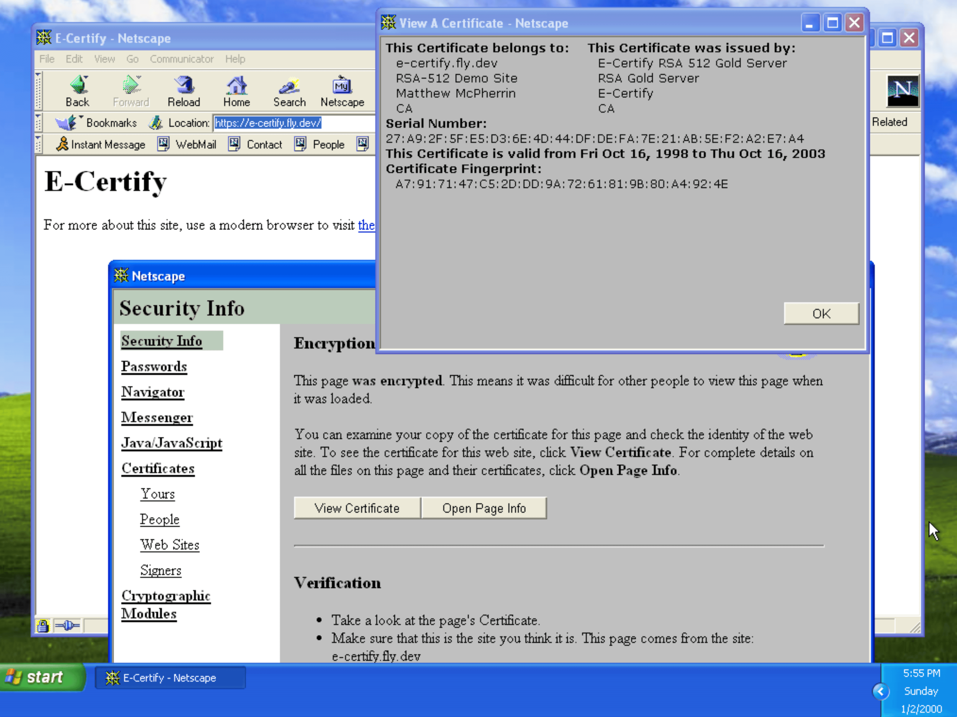 Netscape 4.51 certificate viewer — screenshot from Matthew McPherrin’s experiment